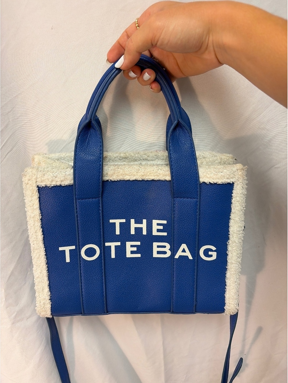 Blue Faux Leather Tote Bag with White Sherpa Trim and Adjustable Strap